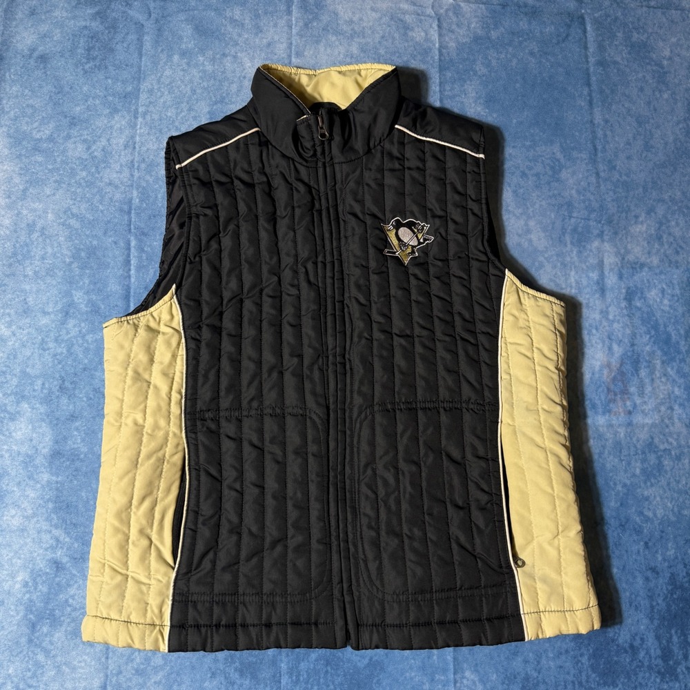 Y2K Pittsburgh Penguins NHL GIII Carl Banks Quilted Vest Black Gold Medium